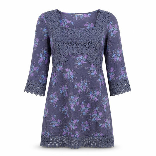 Indigo Womens Blue Floral Cotton A-Line Size 10 Square Neck Pullover