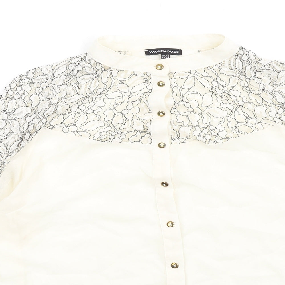 Warehouse Womens Ivory Polyester Basic Button-Up Size 12 Round Neck