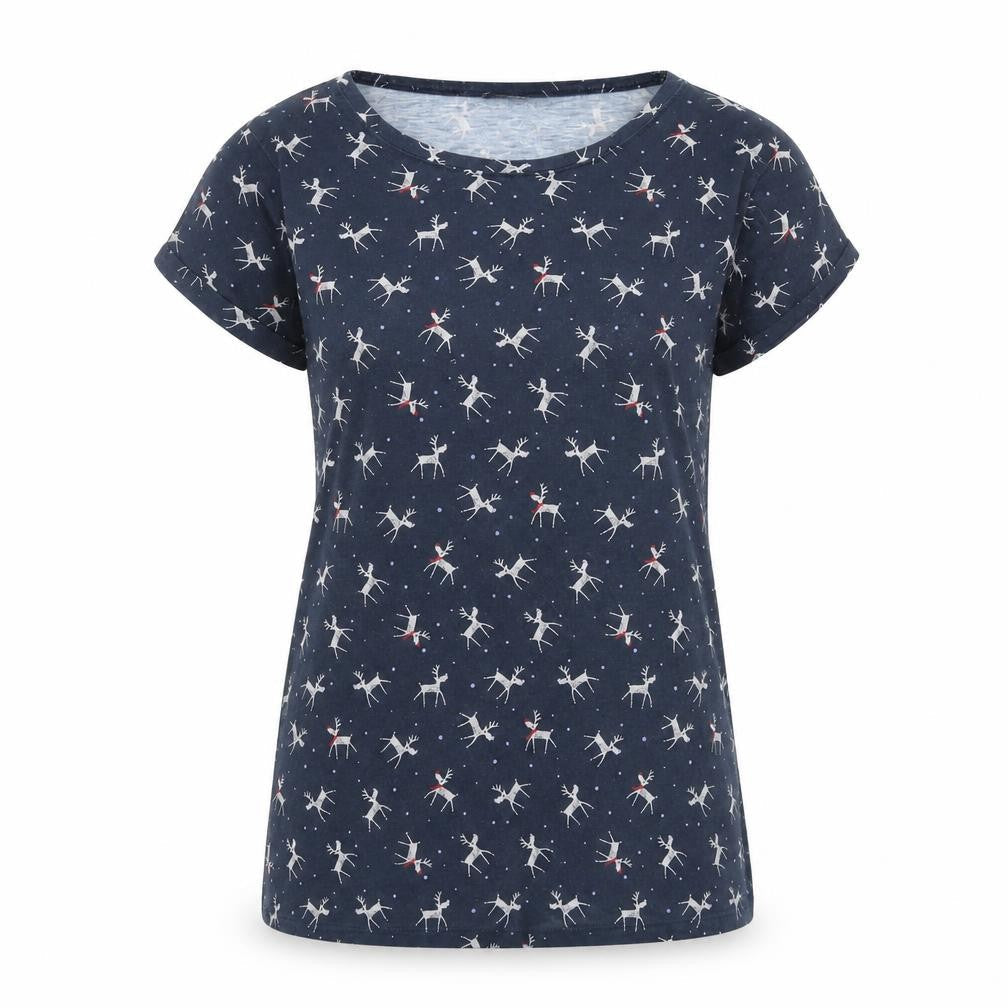Marks & Spencer Womens Blue Geometric Polyester Basic T-Shirt Size 10 Round Neck - Reindeer