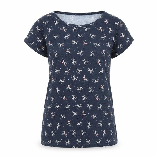 Marks and Spencer Womens Blue Geometric Polyester Basic T-Shirt Size 10 Round Neck - Reindeer