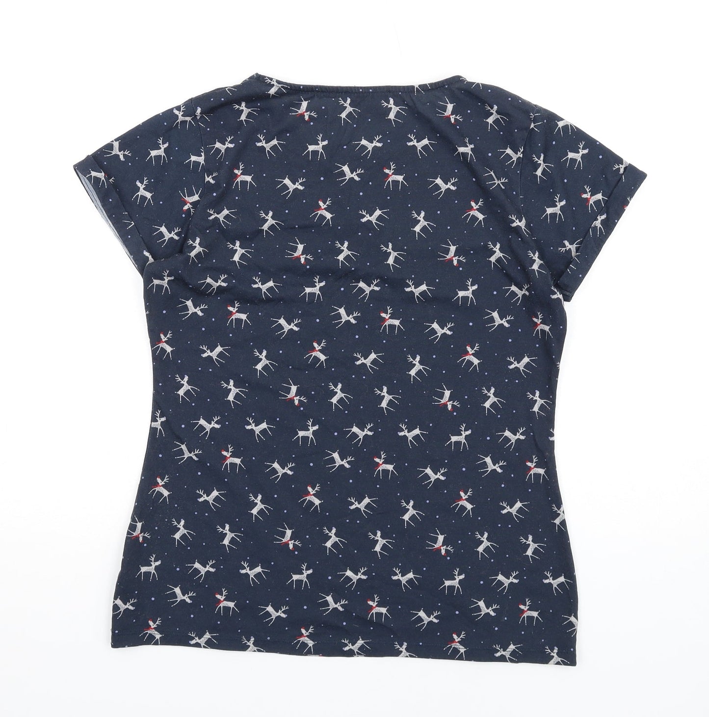 Marks and Spencer Womens Blue Geometric Polyester Basic T-Shirt Size 10 Round Neck - Reindeer