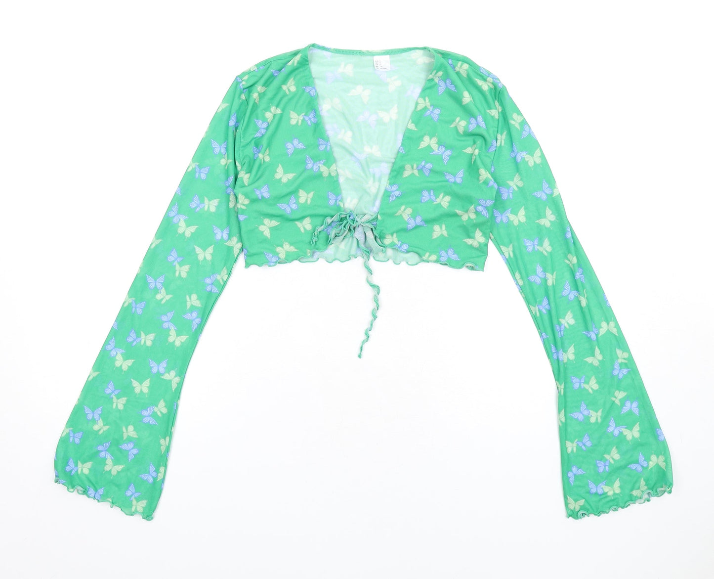 H&M Womens Green Geometric Polyester Cropped T-Shirt Size S V-Neck