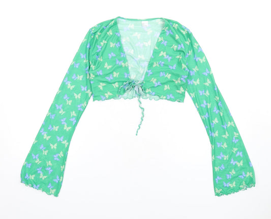 H&M Womens Green Geometric Polyester Cropped T-Shirt Size S V-Neck