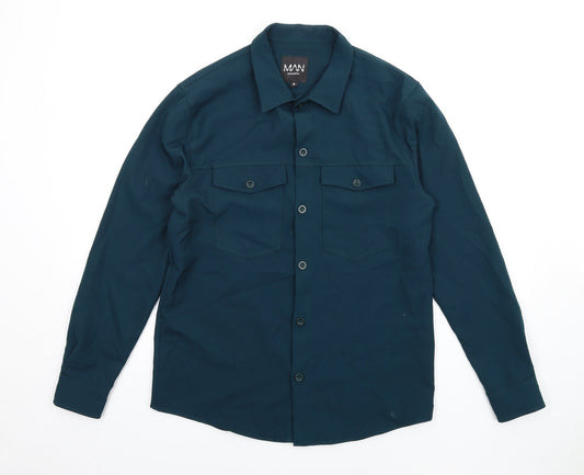Boohoo Mens Green Polyester Button-Up Size S Collared Button