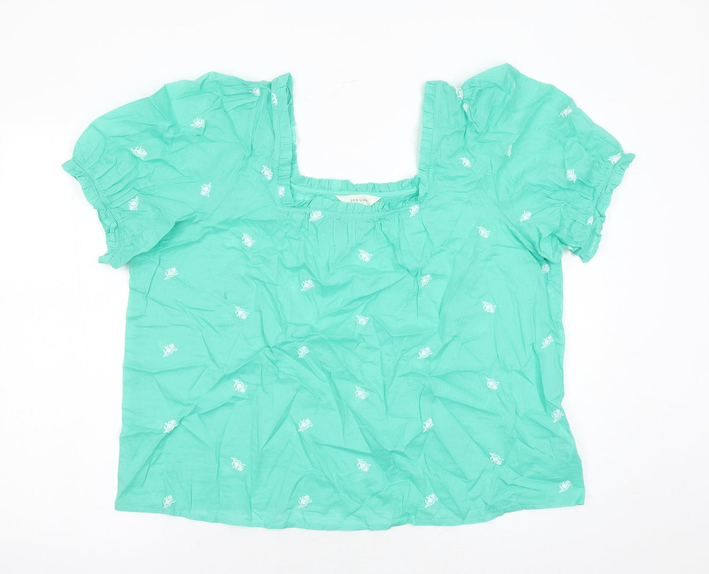 Per Una Womens Green Floral 100% Cotton Basic Blouse Size 20 Square Neck - Embroidered Detail