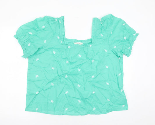 Per Una Womens Green Floral 100% Cotton Basic Blouse Size 20 Square Neck - Embroidered Detail
