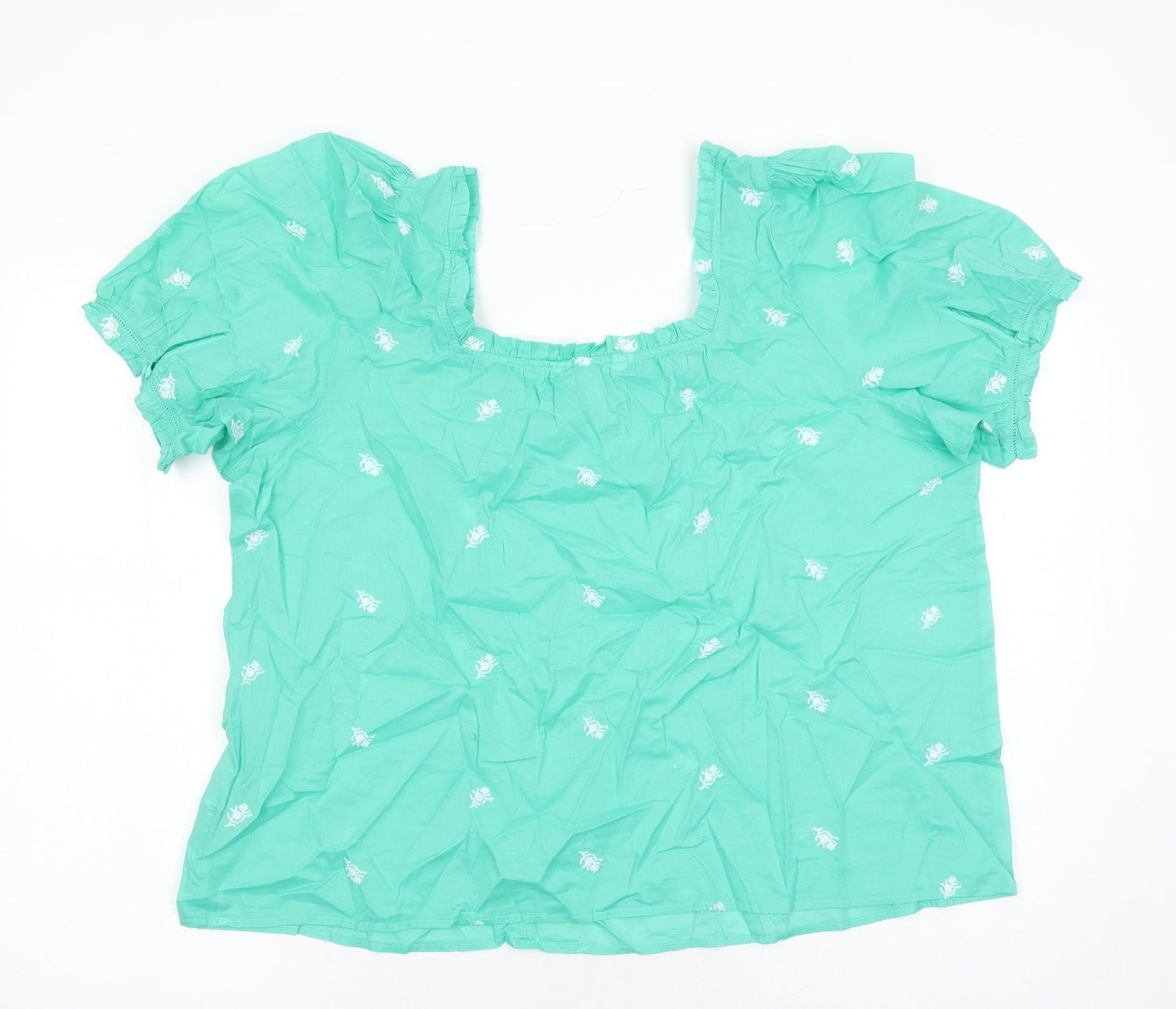Per Una Womens Green Floral 100% Cotton Basic Blouse Size 20 Square Neck - Embroidered Detail
