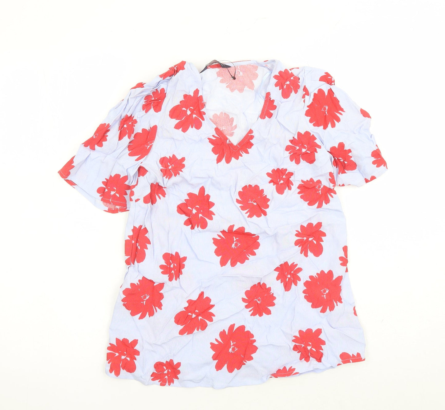 Marks and Spencer Womens Blue Floral Viscose Basic Blouse Size 6 V-Neck