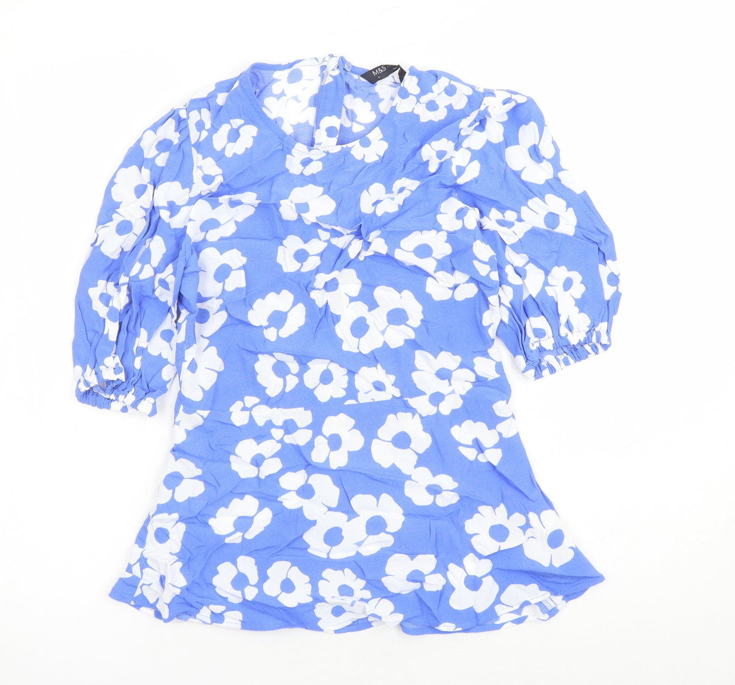 Marks and Spencer Womens Blue Floral Viscose Basic Blouse Size 6 Round Neck