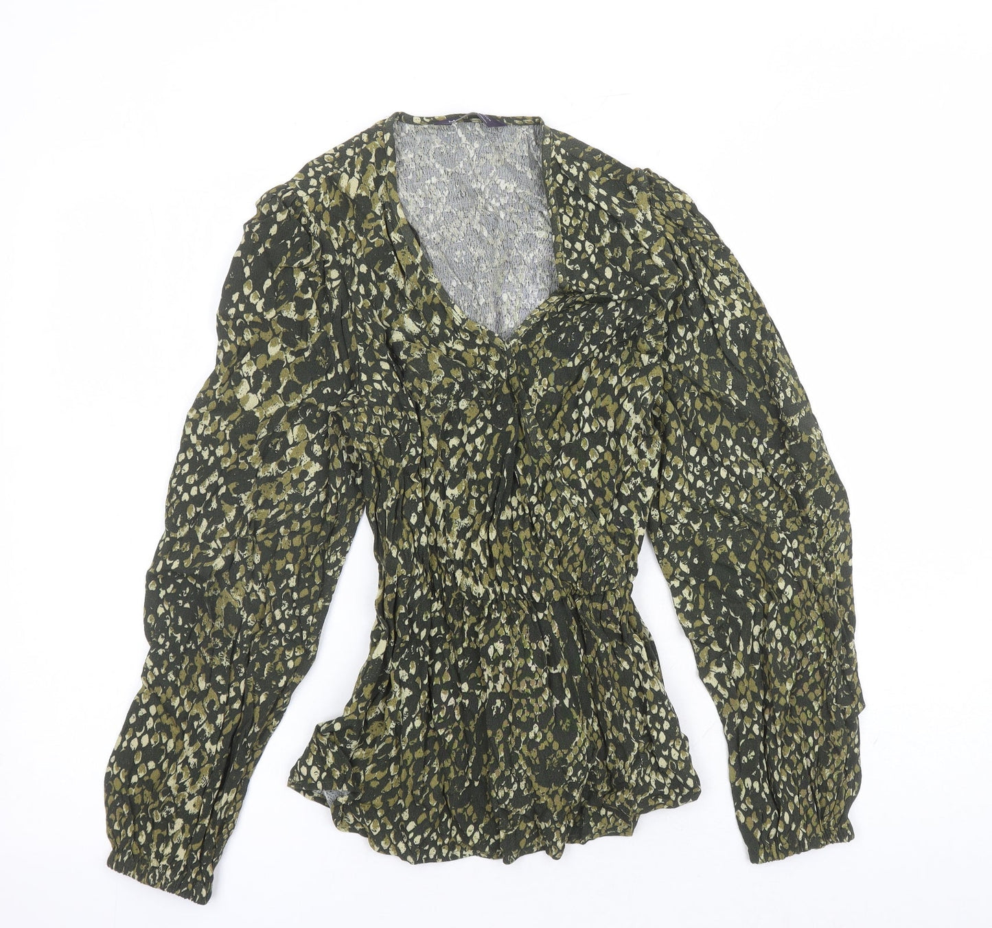 Marks and Spencer Womens Green Geometric Viscose Basic Blouse Size 6 V-Neck - Belted