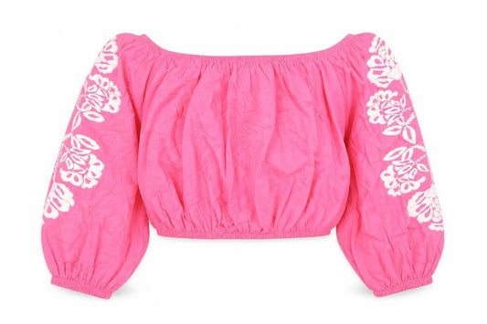 Marks and Spencer Womens Pink Cotton Cropped Blouse Size 22 Boat Neck - Embroidered Detail