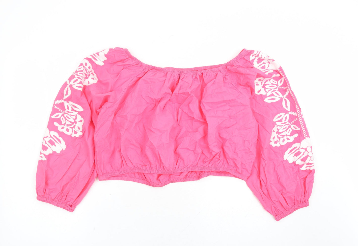 Marks and Spencer Womens Pink Cotton Cropped Blouse Size 22 Boat Neck - Embroidered Detail