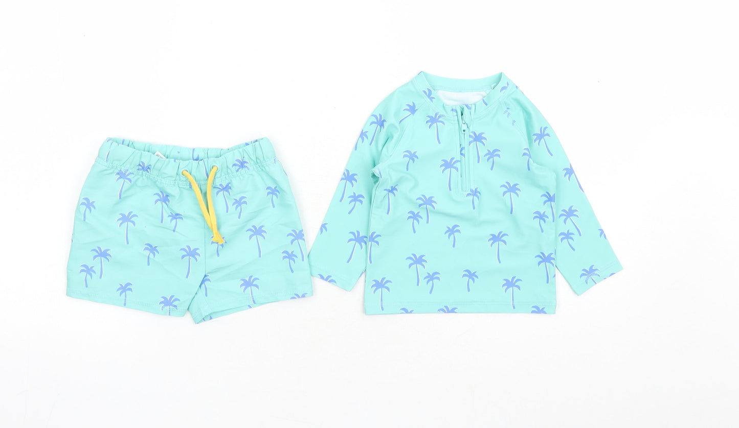 Marks and Spencer Boys Blue Geometric Polyester Shorts Set Outfit/Set Size 3-6 Months Zip - Swim Set Palm Tree