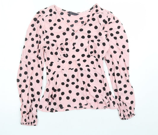 Marks and Spencer Womens Pink Polka Dot Viscose Basic Blouse Size 6 V-Neck