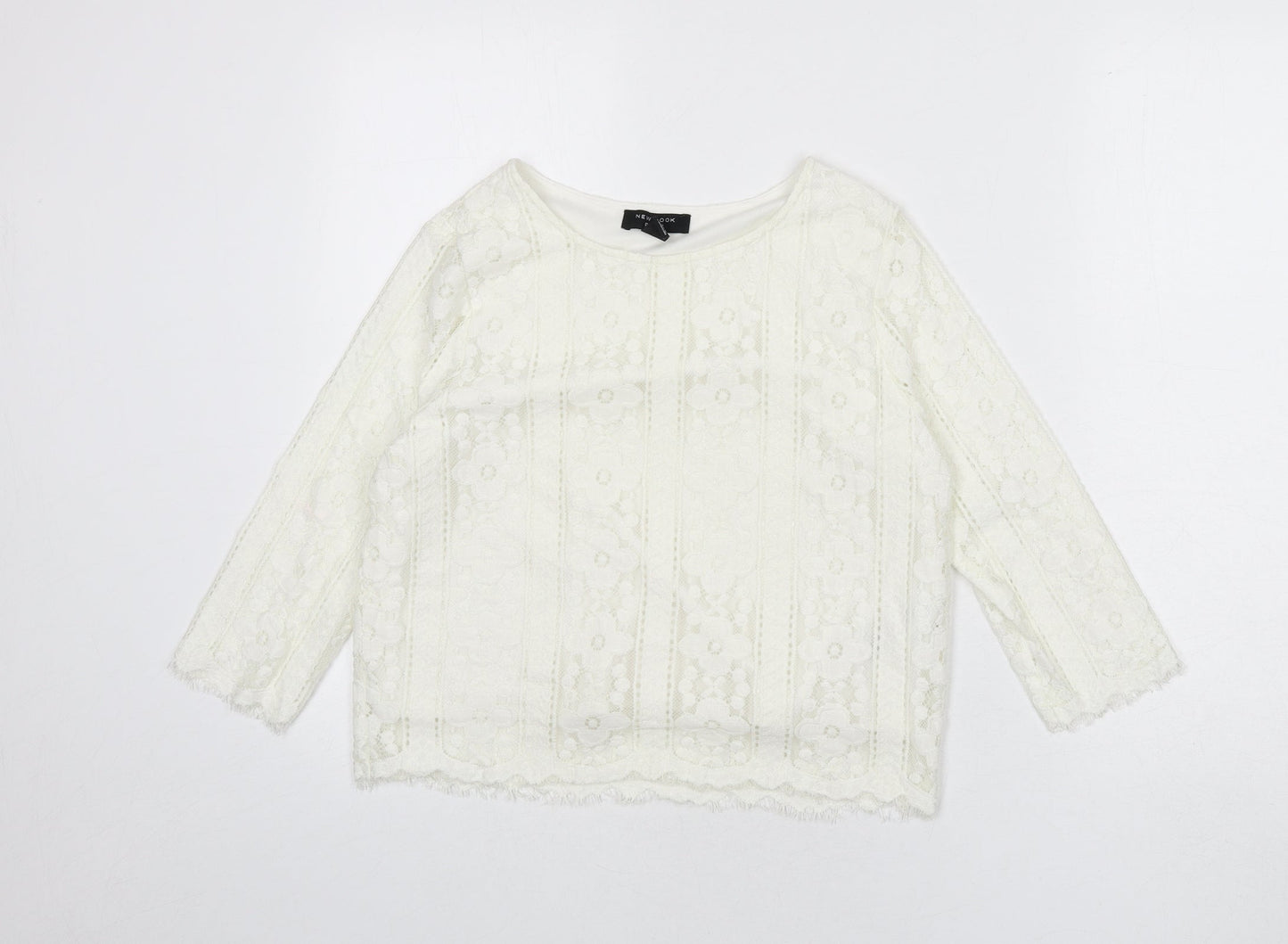 New Look Womens Ivory Geometric Polyester Cropped Blouse Size 6 Round Neck - Flowers