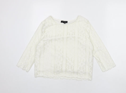 New Look Womens Ivory Geometric Polyester Cropped Blouse Size 6 Round Neck - Flowers