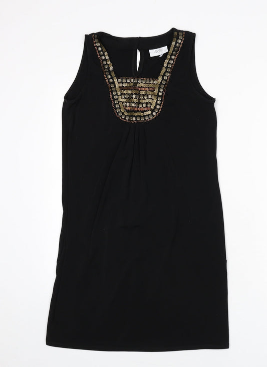 Wallis Womens Black Polyester Sheath Size 10 Round Neck Button - Beaded Detail