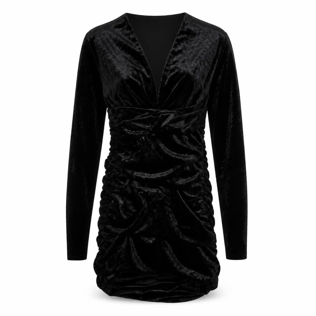 Zara Womens Black Polyester Bodycon Size M V-Neck Zip - Ruched Sides