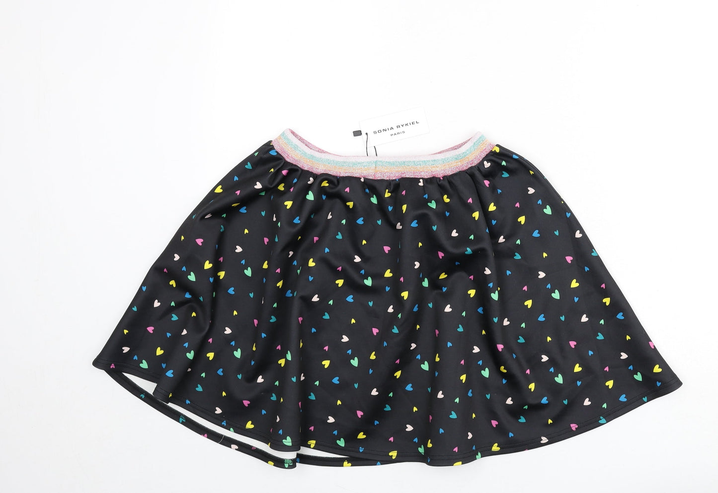 Sonia Rykiel Girls Black Geometric Polyester Skater Skirt Size 14 Years Regular Pull On - Heart Print