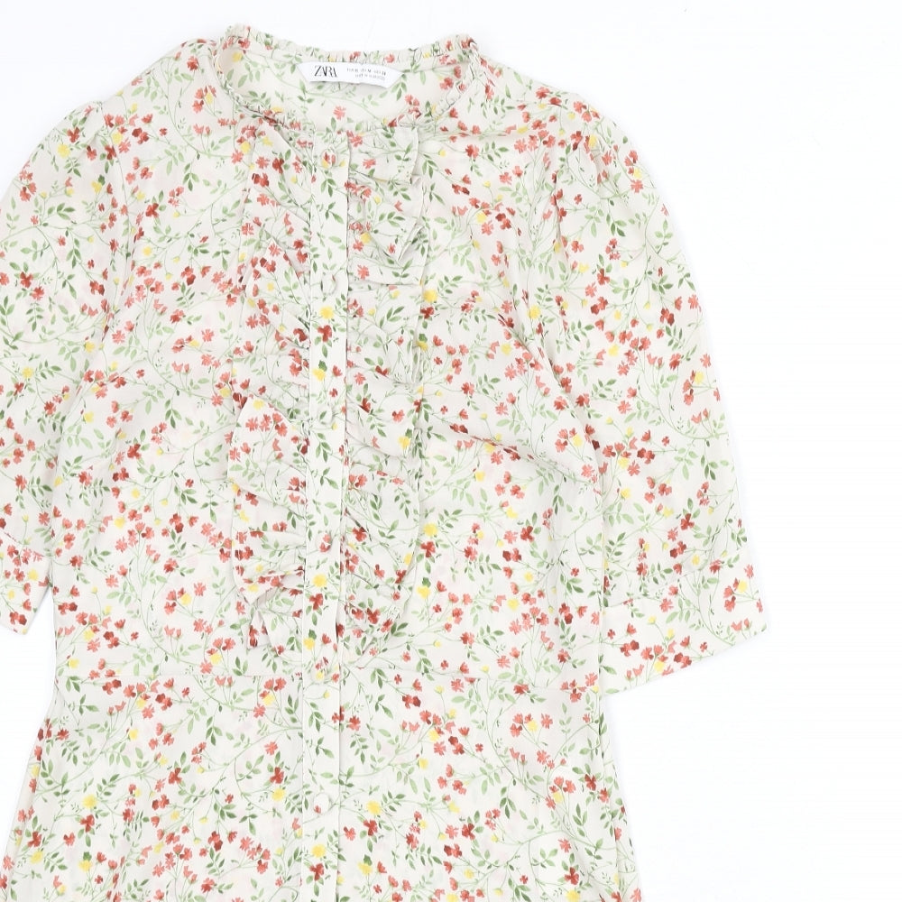 Zara Womens Multicoloured Floral Polyester A-Line Size M Round Neck Button
