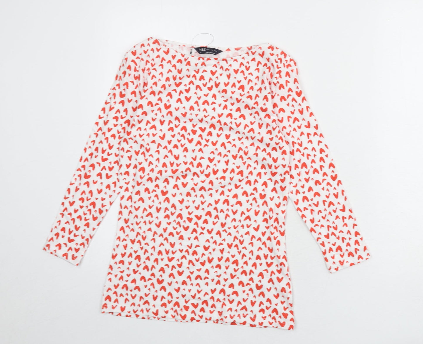 Marks and Spencer Womens White Geometric Viscose Basic T-Shirt Size 8 Boat Neck - Heart Print