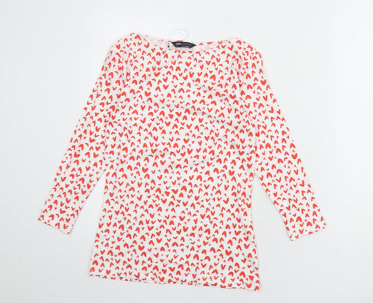 Marks and Spencer Womens White Geometric Viscose Basic T-Shirt Size 8 Boat Neck - Heart Print