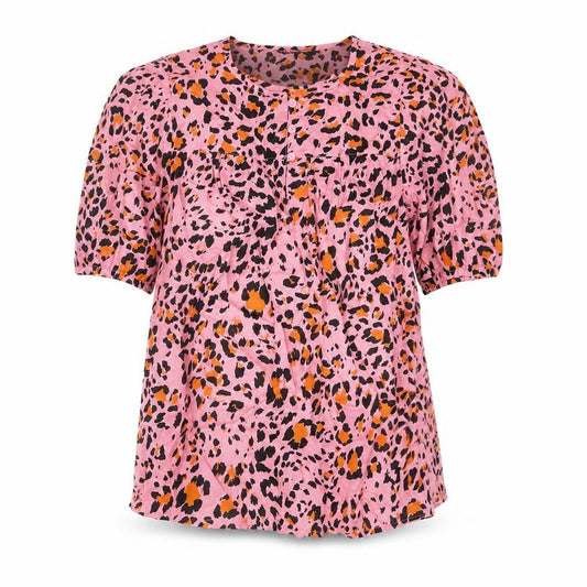Marks and Spencer Womens Pink Animal Print Cotton Basic Blouse Size 6 Round Neck - Leopard Print