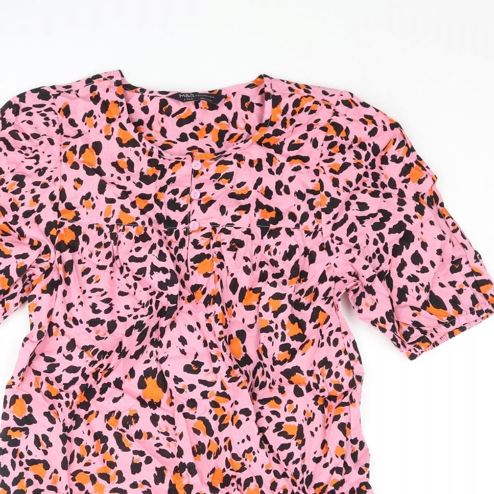Marks and Spencer Womens Pink Animal Print Cotton Basic Blouse Size 6 Round Neck - Leopard Print