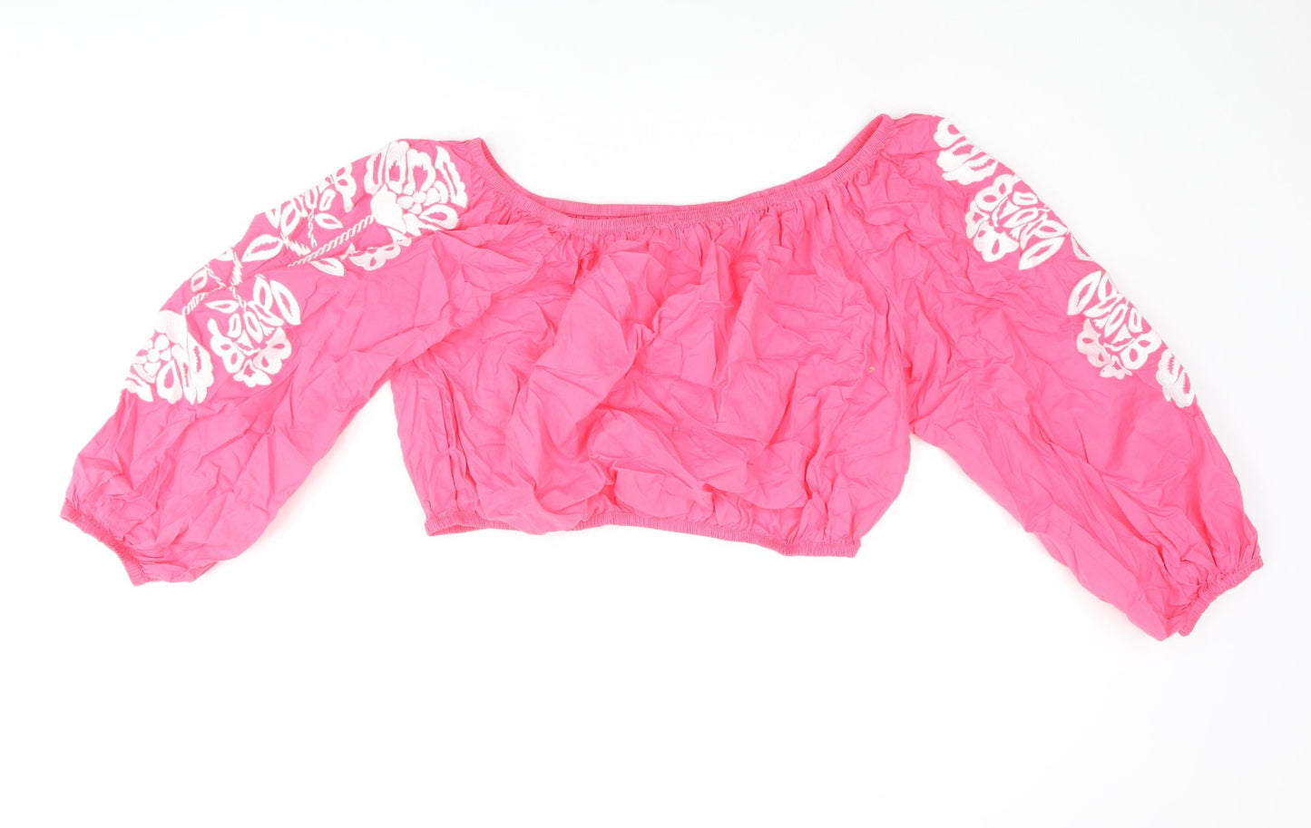 Marks and Spencer Womens Pink Cotton Cropped Blouse Size 18 Boat Neck - Floral Embroidered Sleeves