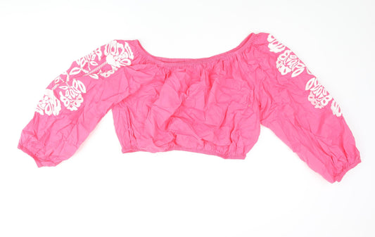 Marks and Spencer Womens Pink Cotton Cropped Blouse Size 18 Boat Neck - Floral Embroidered Sleeves