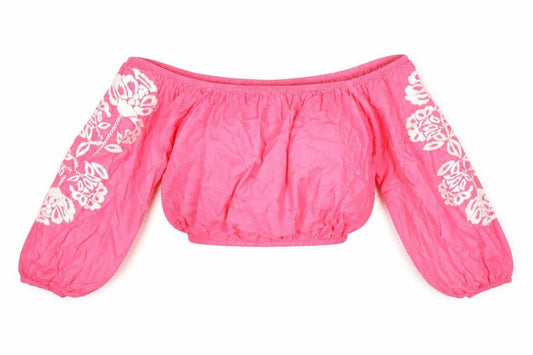 Marks and Spencer Womens Pink Cotton Cropped Blouse Size 18 Boat Neck - Floral Embroidered Sleeves