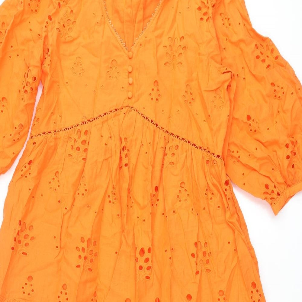 Marks and Spencer Womens Orange Cotton Maxi Size 10 V-Neck Button - Broderie Anglaise