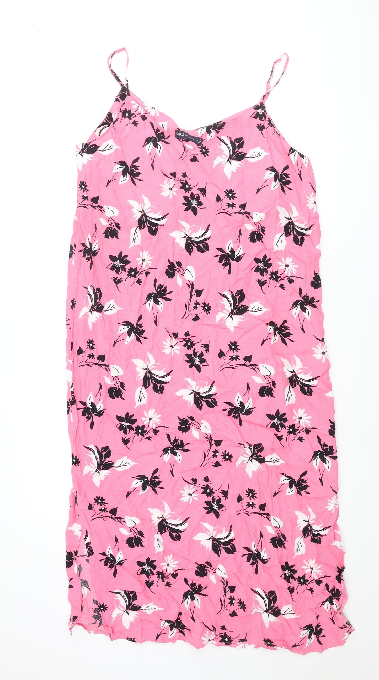 Marks and Spencer Womens Pink Floral Viscose Shift Size 14 Scoop Neck Pullover - Side Slits