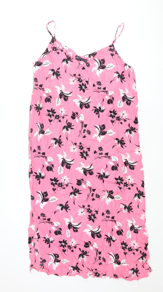 Marks and Spencer Womens Pink Floral Viscose Shift Size 14 Scoop Neck Pullover - Side Slits
