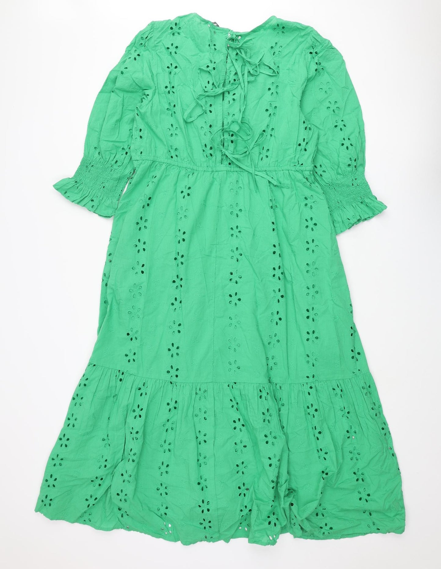 Marks and Spencer Womens Green Cotton Maxi Size 16 Round Neck Tie - Broderie Anglaise