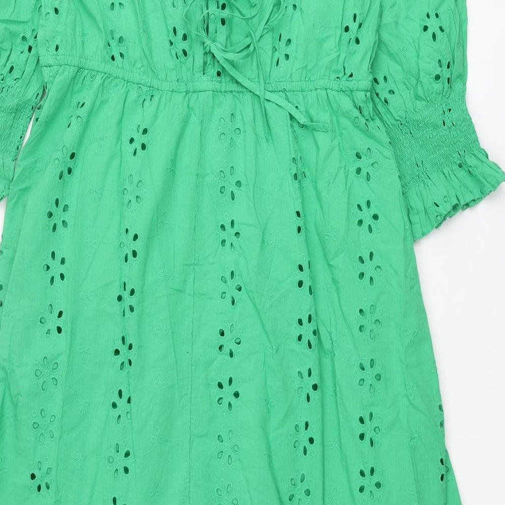 Marks and Spencer Womens Green Cotton Maxi Size 16 Round Neck Tie - Broderie Anglaise