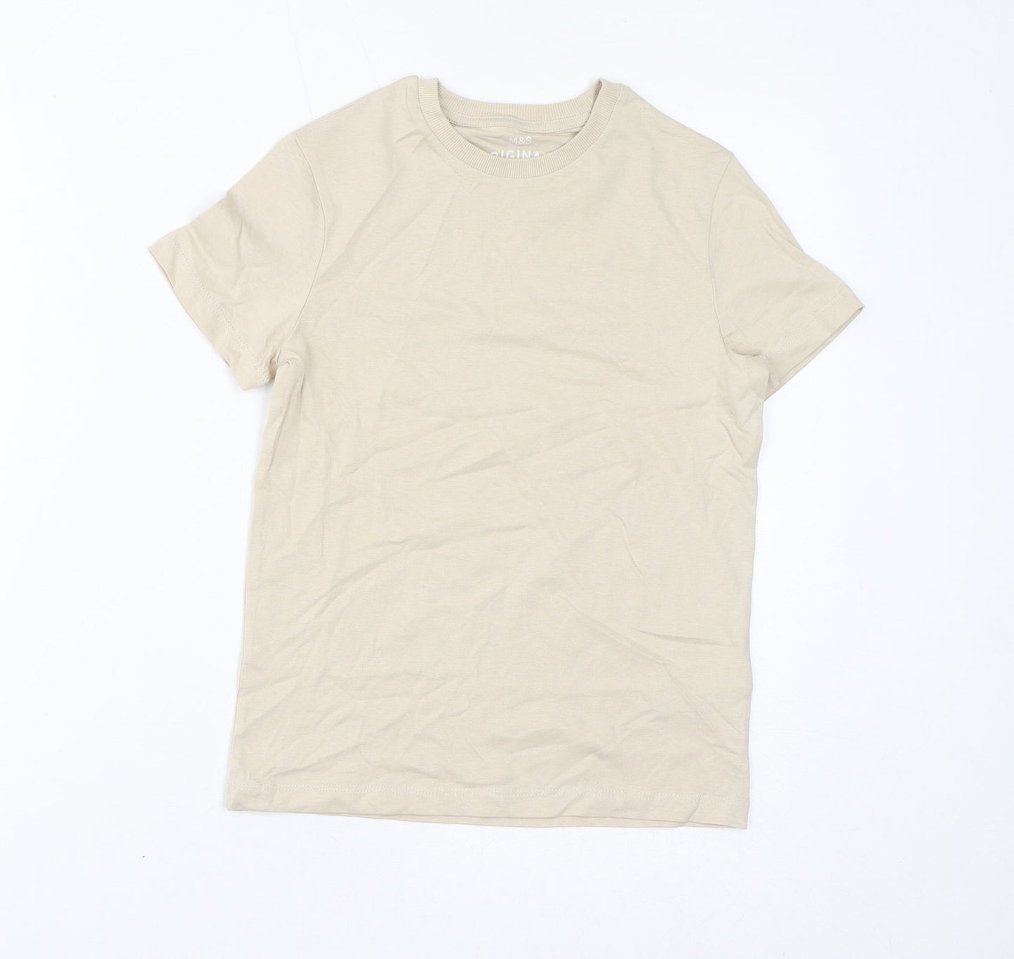 Marks and Spencer Boys Beige Cotton Basic T-Shirt Size 8-9 Years Crew Neck Pullover