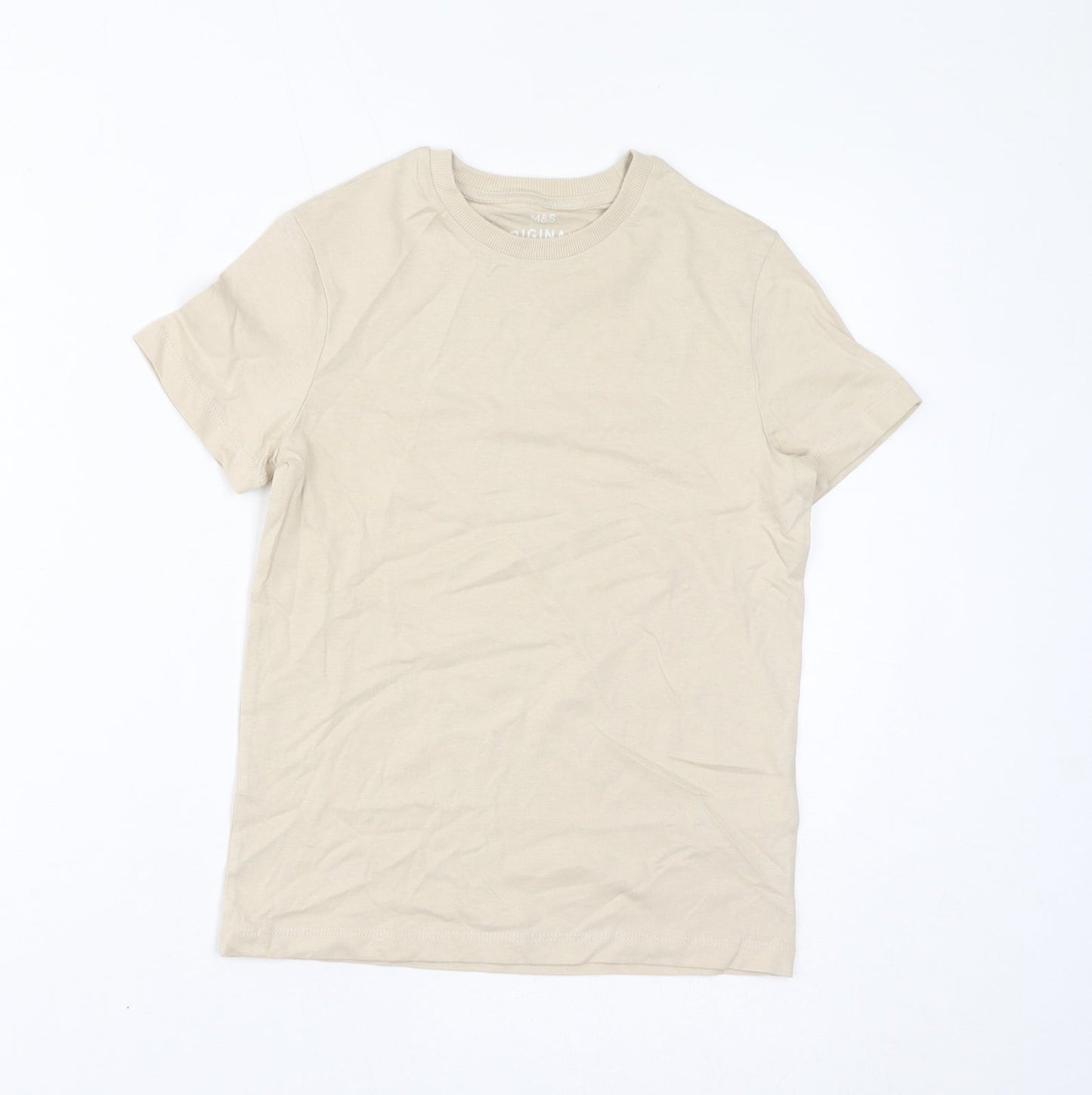 Marks and Spencer Boys Beige Cotton Basic T-Shirt Size 8-9 Years Crew Neck Pullover