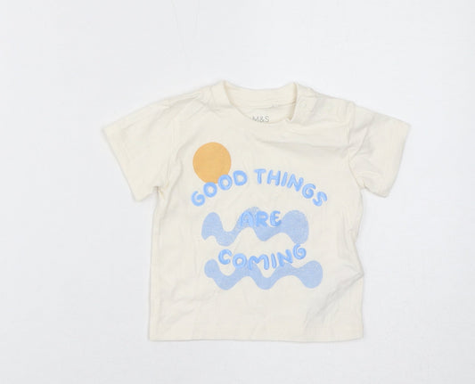Marks and Spencer Baby White Cotton Basic T-Shirt Size 0-3 Months Round Neck Button - Good Things Are Coming