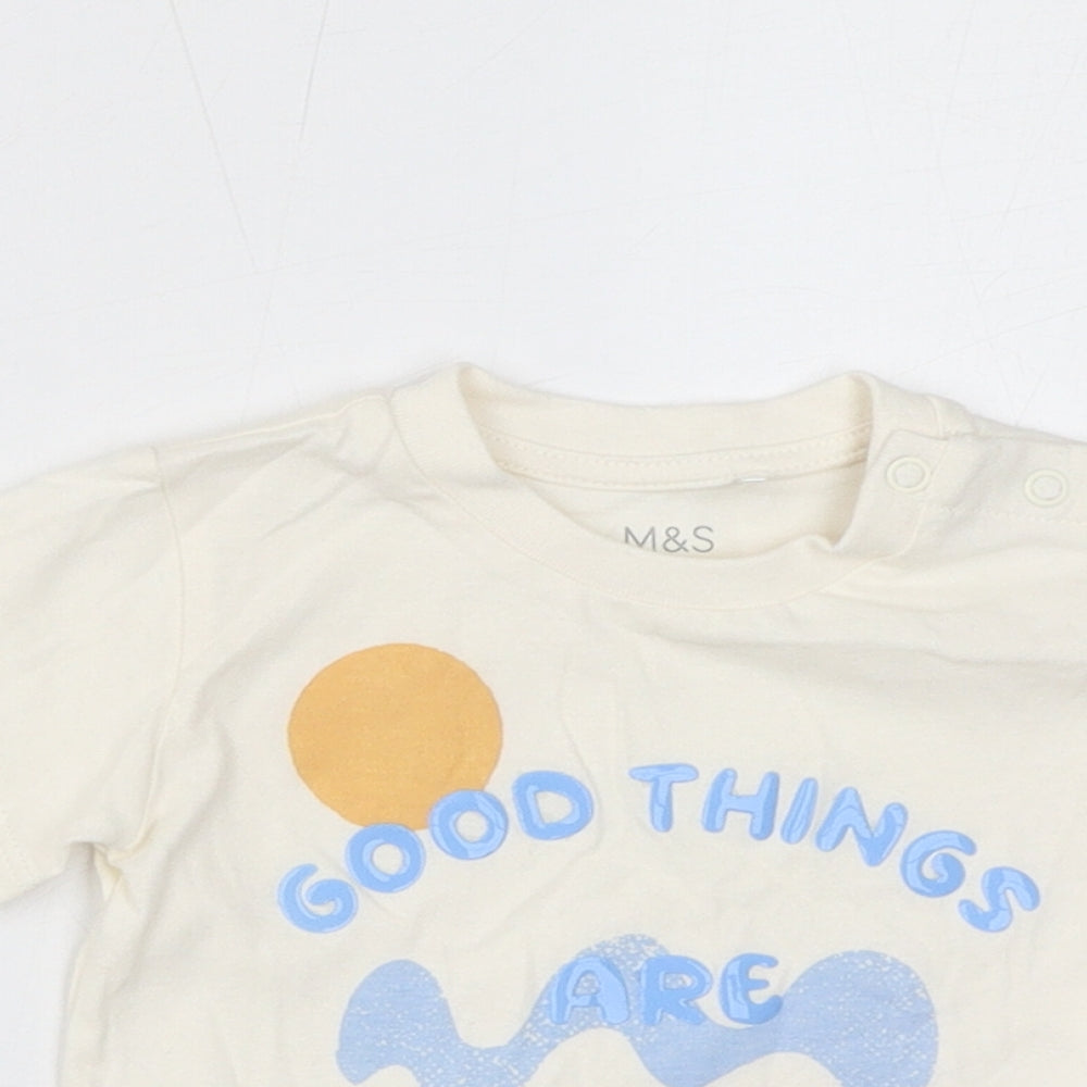 Marks and Spencer Baby White Cotton Basic T-Shirt Size 0-3 Months Round Neck Button - Good Things Are Coming