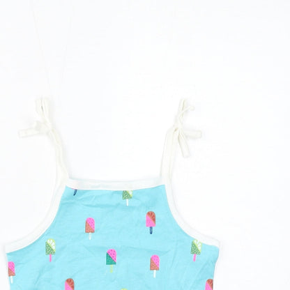 Close-up detail of Marks & Spencer girls’ blue geometric cotton basic tank, size 2-3, years square neck pullover - ice lolly