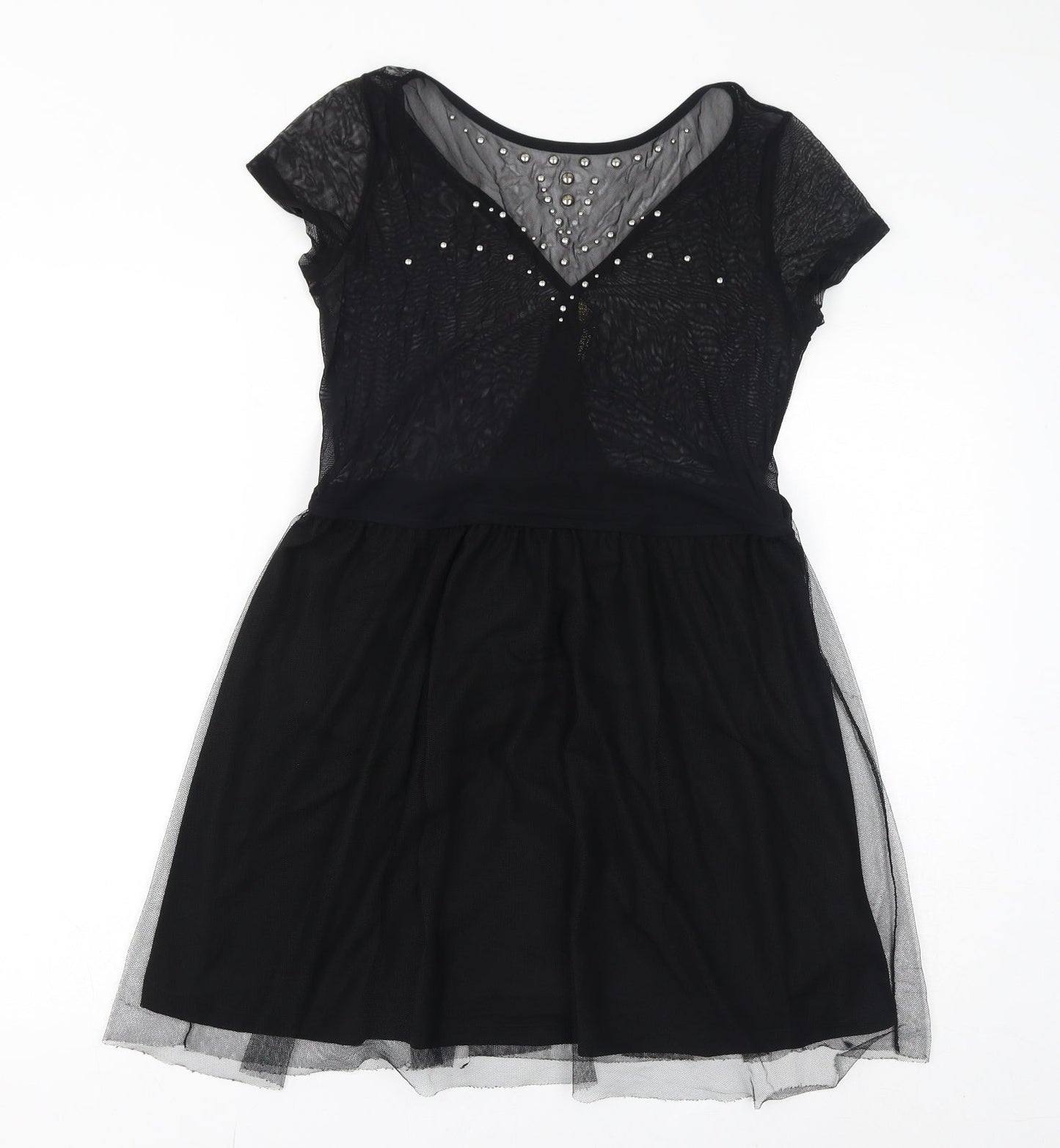 Stradivarius Womens Black Polyester A-Line Size L Round Neck Pullover - Mesh, Metal Embellishments