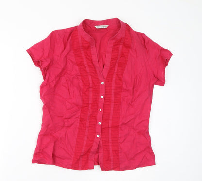 Additional front view of Autograph women’s pink linen basic button-up, size UK 14, v-neck