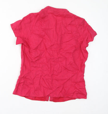 Back view of Autograph women’s pink linen basic button-up, size UK 14, v-neck