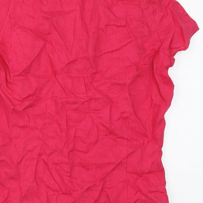 Brand and care label for Autograph women’s pink linen basic button-up, size UK 14, v-neck