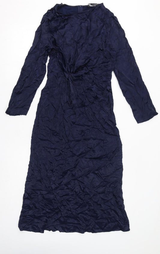 Zara Womens Blue Polyester A-Line Size L Round Neck Zip