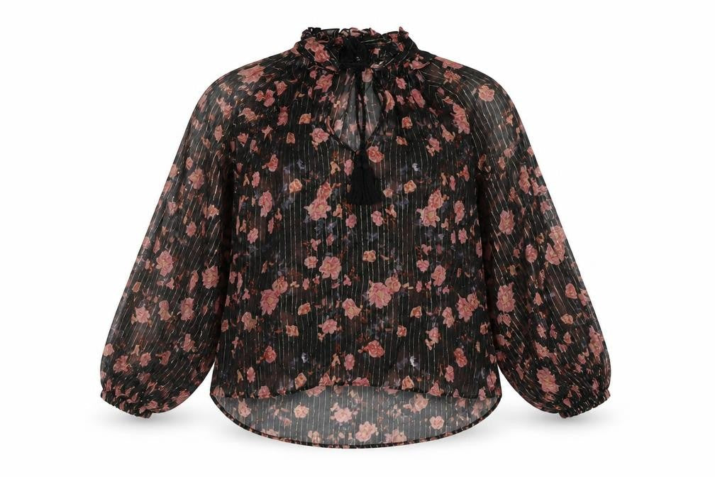Zara Womens Black Floral Polyester Basic Blouse Size M Mock Neck