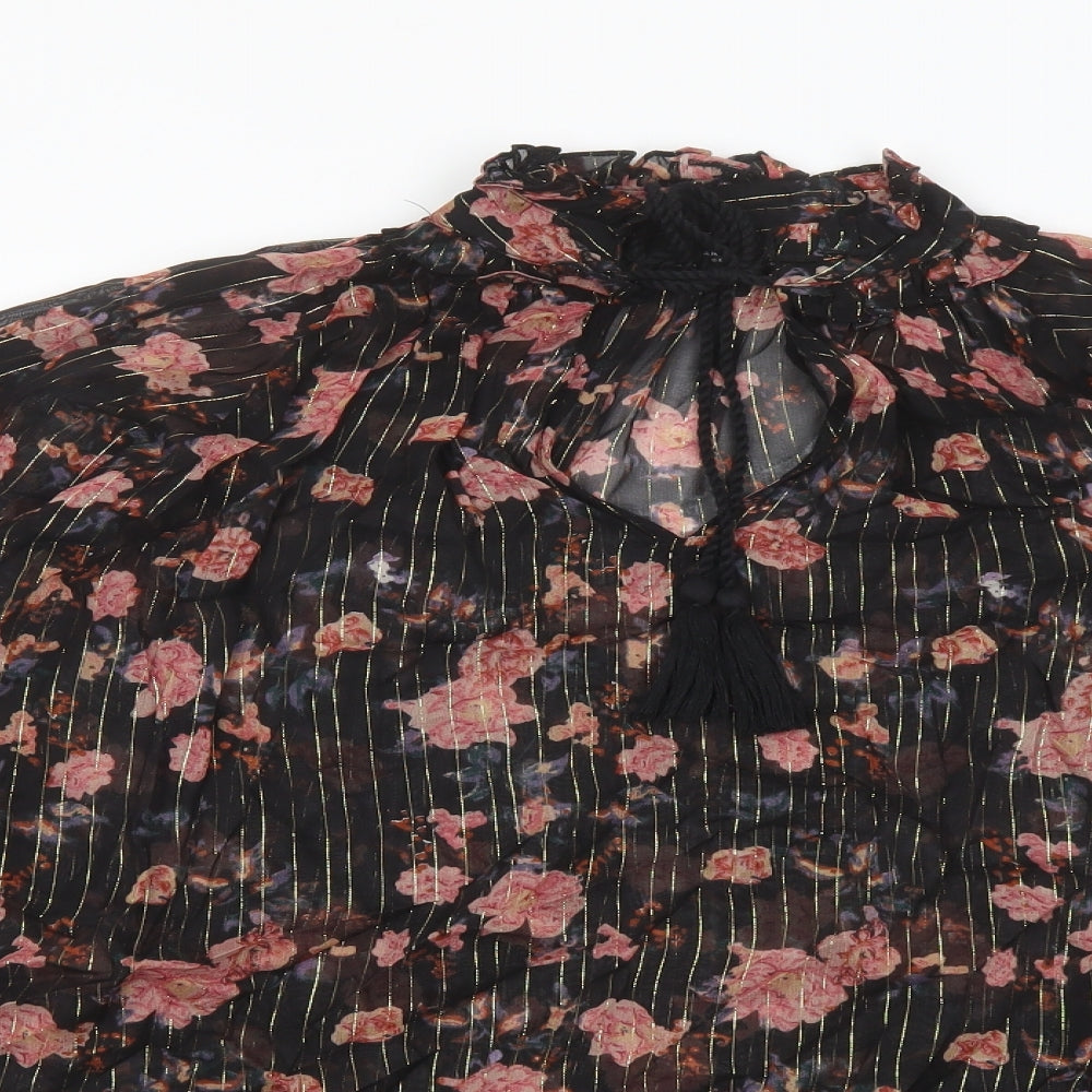 Zara Womens Black Floral Polyester Basic Blouse Size M Mock Neck