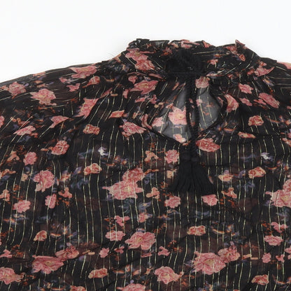 Zara Womens Black Floral Polyester Basic Blouse Size M Mock Neck