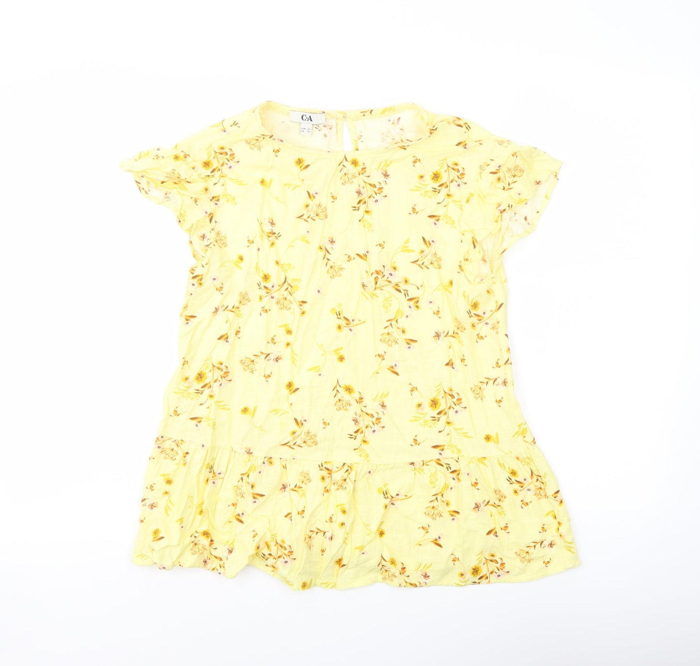 C&A Womens Yellow Floral Cotton Basic Blouse Size 6 Round Neck